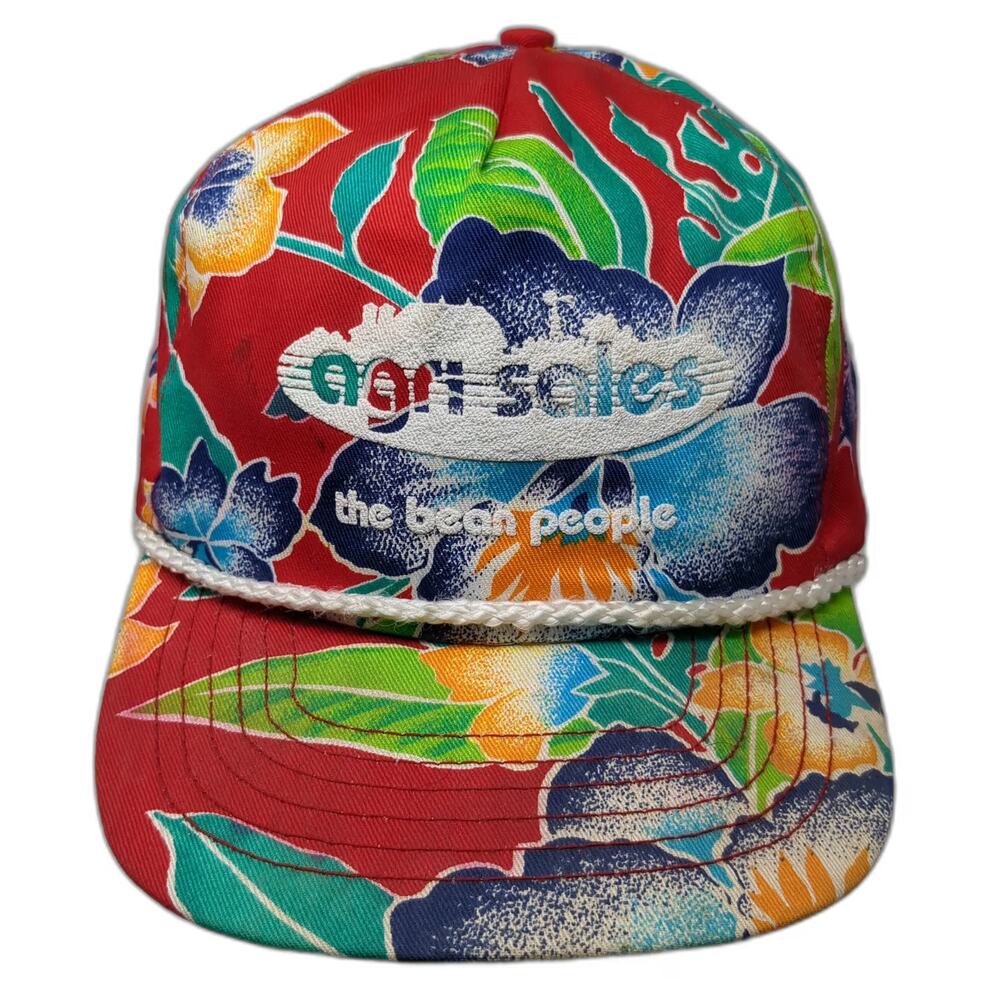 San Sun Trucker Red Floral Hat OS Vintage Agri Sales Bean People Rope Snapback